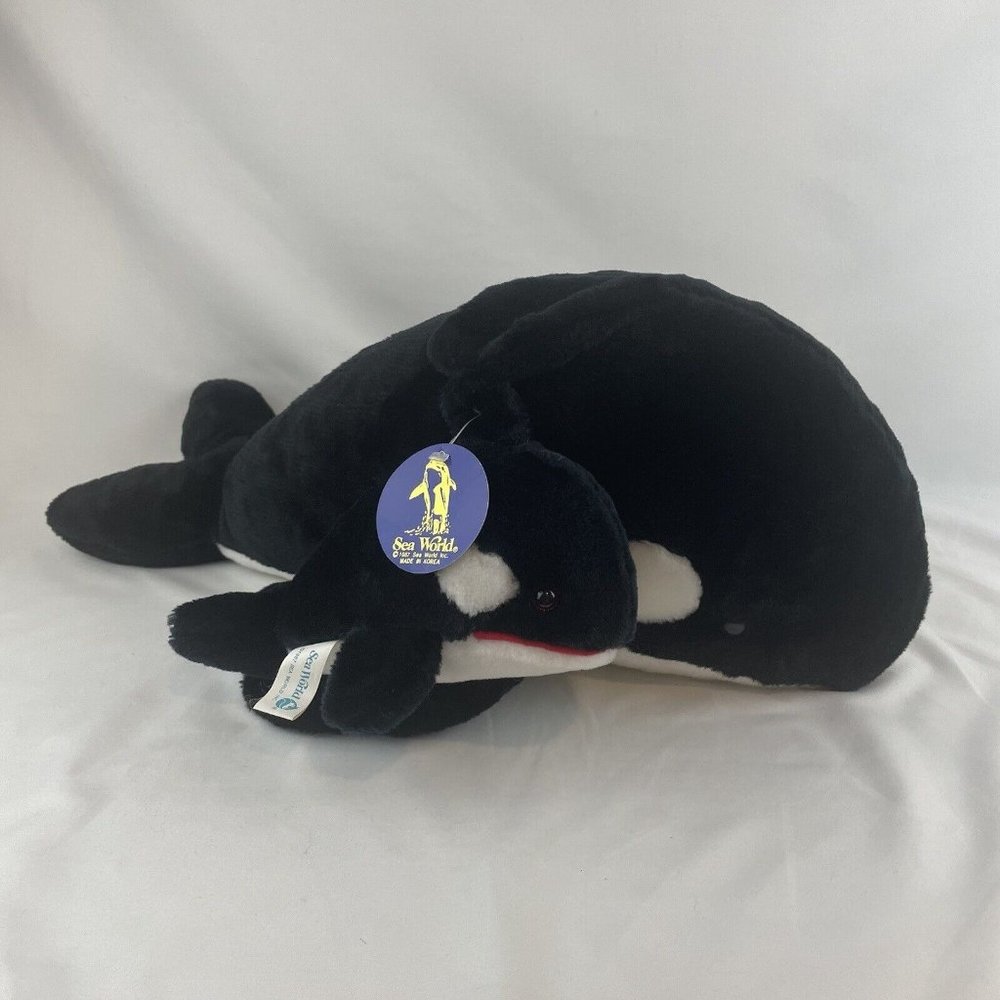 Vtg SeaWorld Orca Killer Whale And Calf 22” Plush Shamu‎ Black Mom & Baby RARE